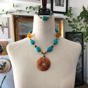 Vintage Turquoise and Amber Necklace & Bracelet Set